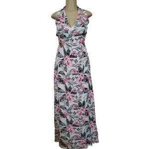 Tropical Floral Halter Maxi Dress Medium Open Back Resortwear Vacation